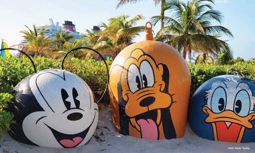 Large Mickey, Donald and Pluto buoys on Disney's Castaway Cay