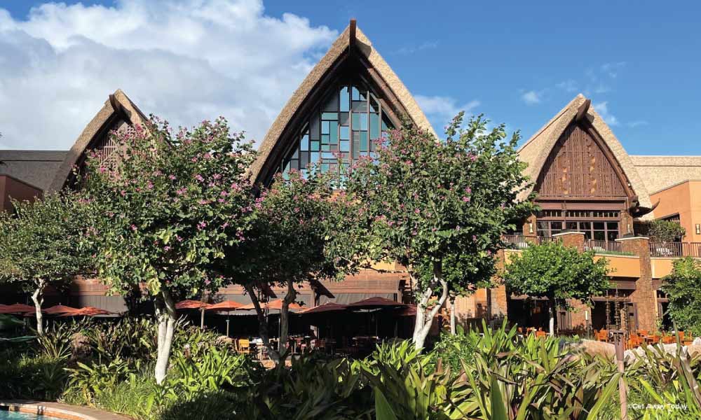 Aulani Resort entrance surrounded by trees and plants