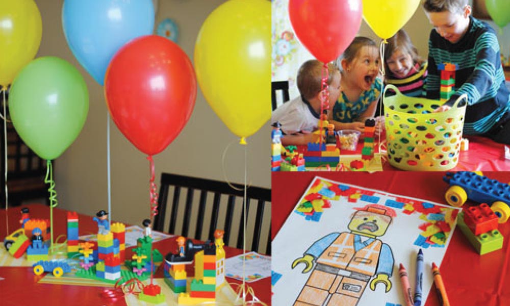 LEGO Themed party with primary color balloons, kids playing with legos and a LEGO Minifig coloring page