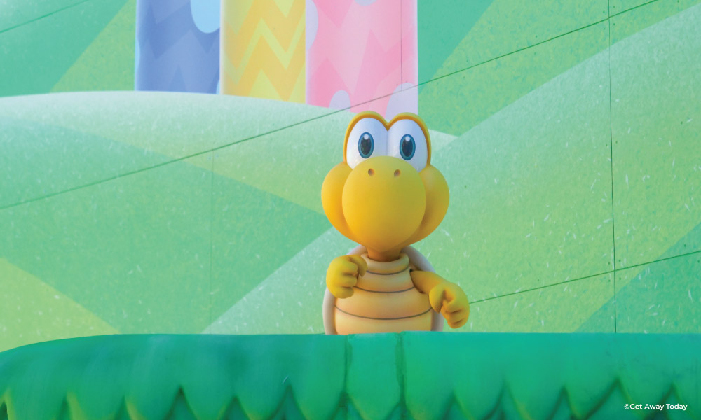 Koopa Troopa smiling will nintendo hills in background