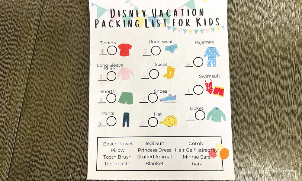 List showing how many clothing items to pack for a Disney vacation