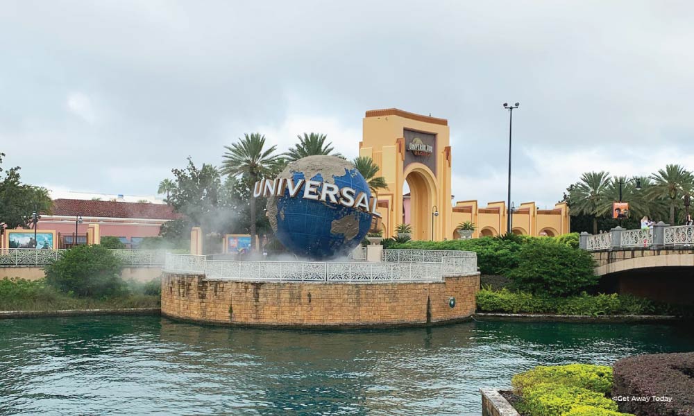 Entrance to Universal Orlando Resort with spinning globe water feature