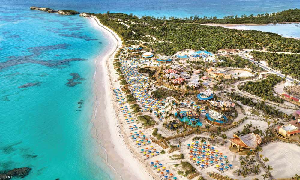 Aerial view of Lighthouse Point with colorful beach chairs and umbrellas surrounded by palm trees