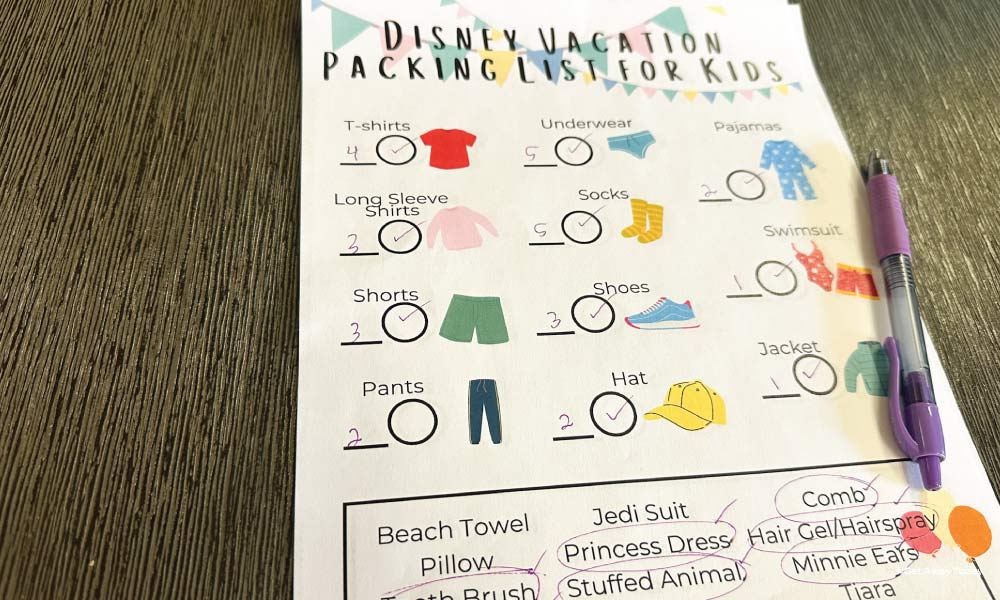 Packing list for a Disney Vacation with all items marked off to indicate they were packed