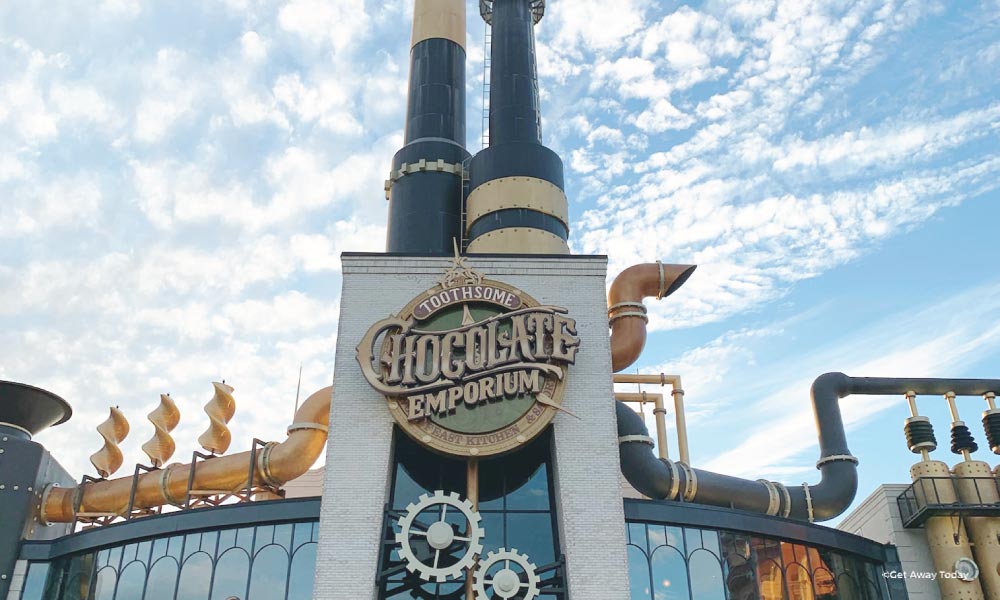 Toothsome Chocolate Emporium Exterior with Pipes and Gears