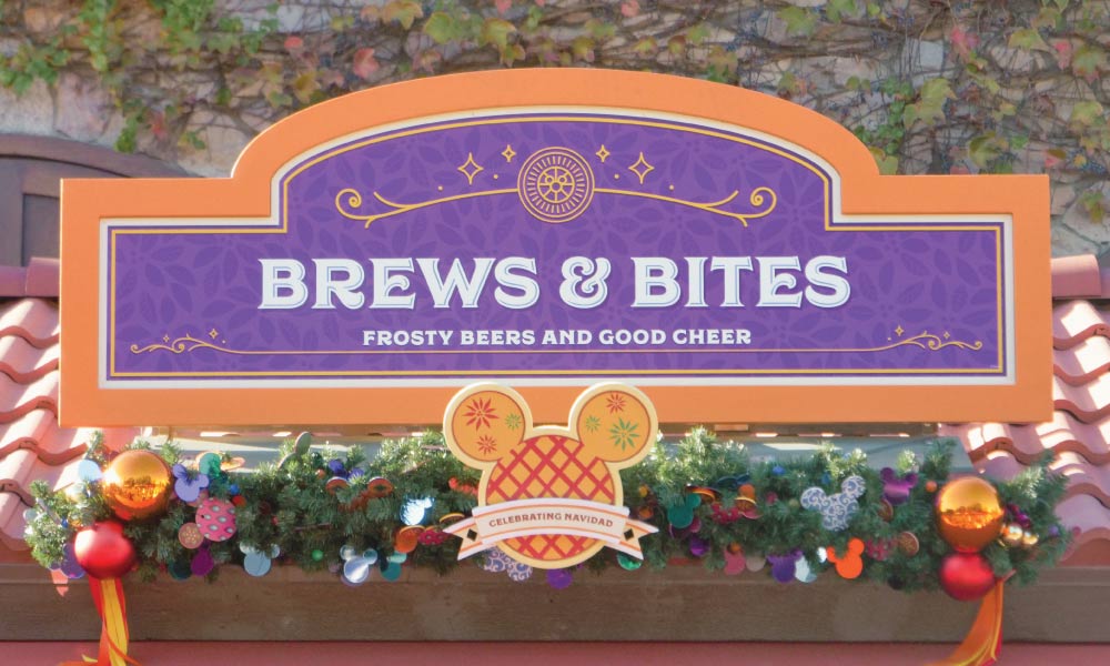 Brews and Bites Kiosk Sign at Disneyland Festival of Holidays