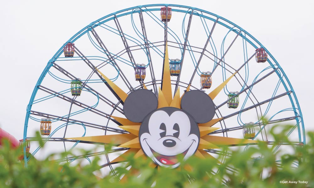 Mickey's Pal Around Ferris Wheel with a bush in the front 