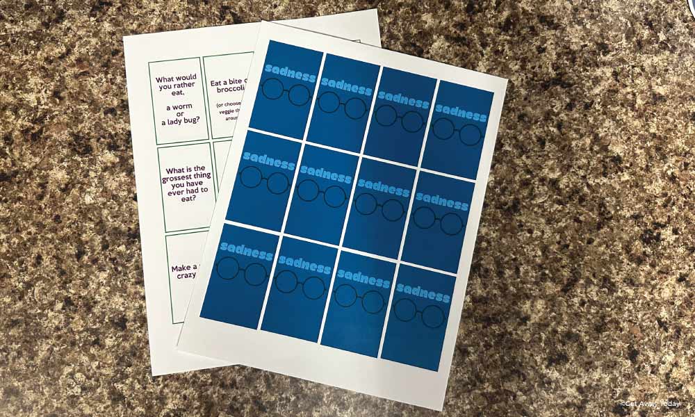 Inside Out Game Printable showing the Sadness Cards and the Disgust Questions