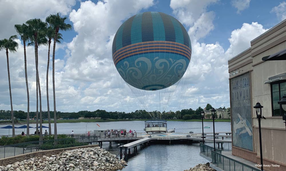 Old Fashion style hot air balloon stationary at a dock