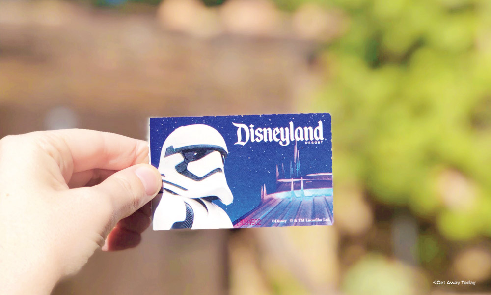 Disneyland paper ticket with dark purple background and a stormtrooper head and shoulders