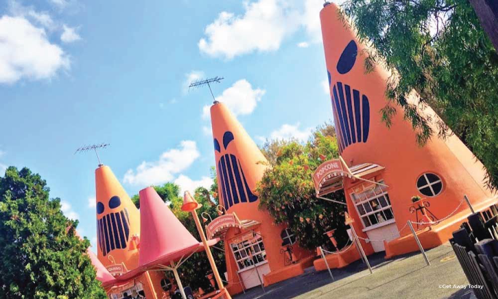 Cozy Cone Hotels at Disneyland with Jack-o-lantern faces during Halloweentime