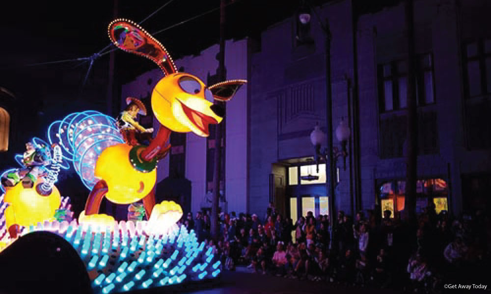 Slinky Dog float featured in The Paint The Night Parade at Disneyland