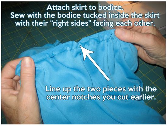 Instructions to attach the bodice to the skirt of a blue dresss