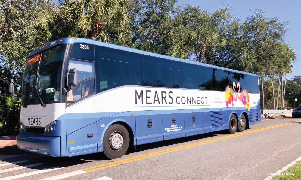 Blue and white MEARS bus with Flamingo clipart on it