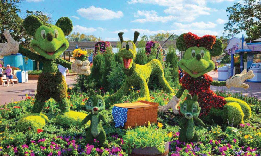 Topiaries of Mickey and Minnie Mouse, Pluto, and Chip and Dale