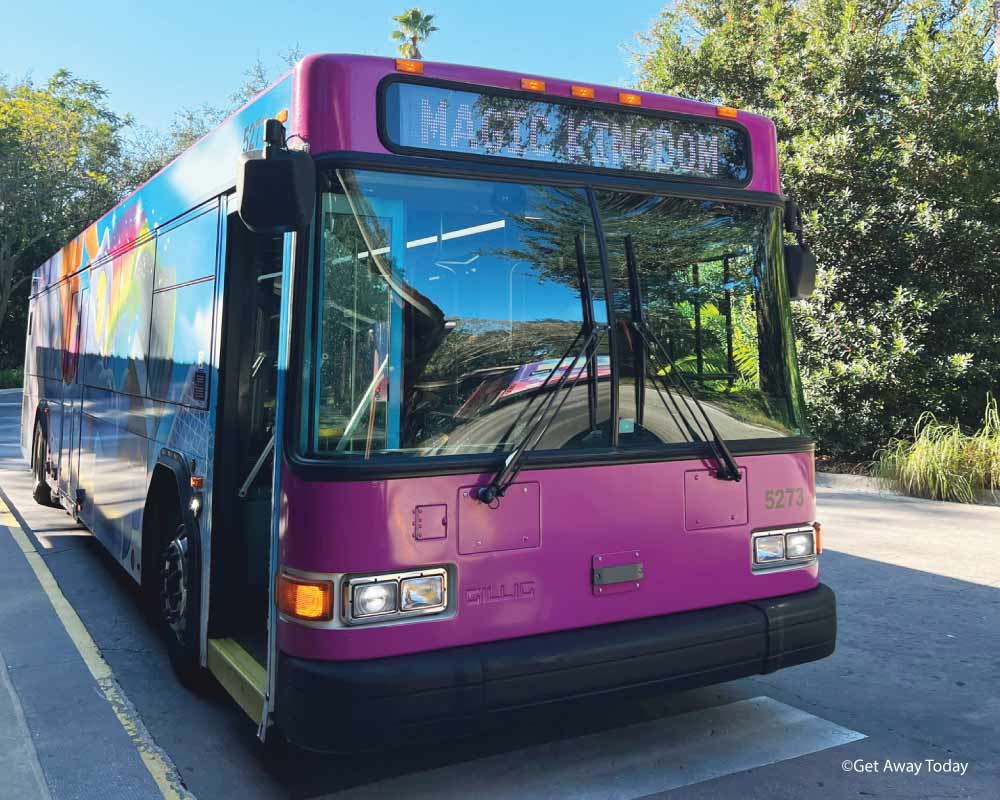 Purple Disney World Resort Bus with Magic Kingdom as the destination