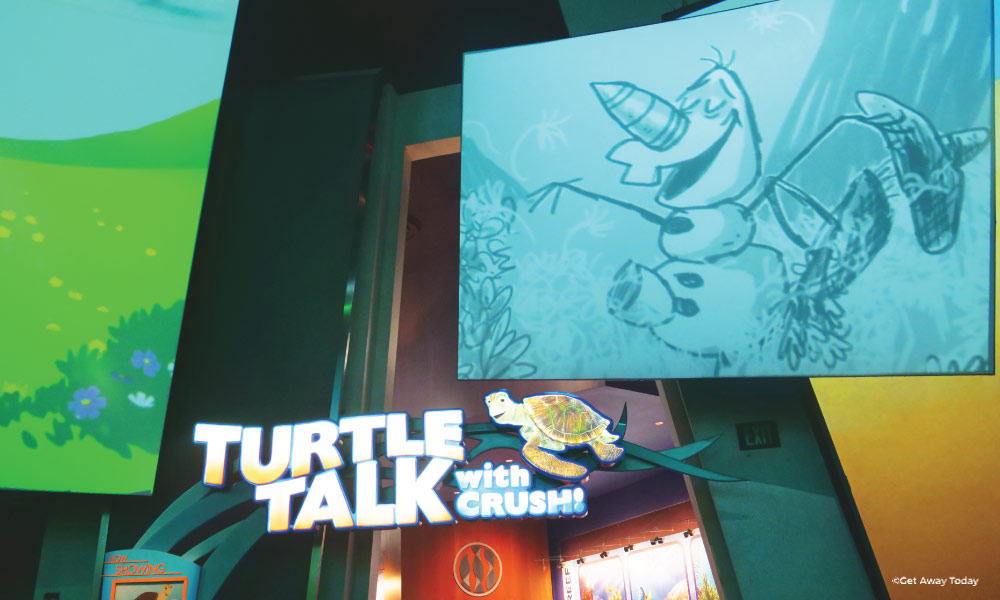 Turtle Talk with Crush with a large screen showing a sketch of Olaf