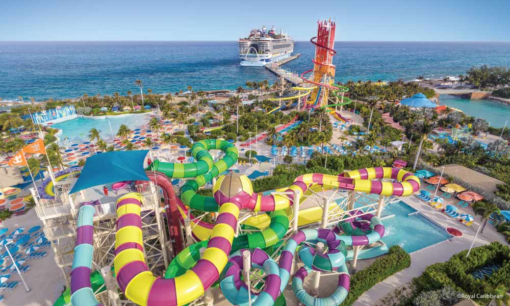 Colorful waterslides twisting around each other with surrounding pools on an island