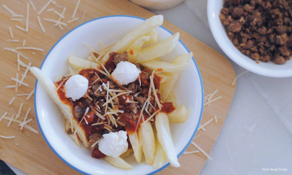 aerial view of homemade poutine with fresh mozzerella