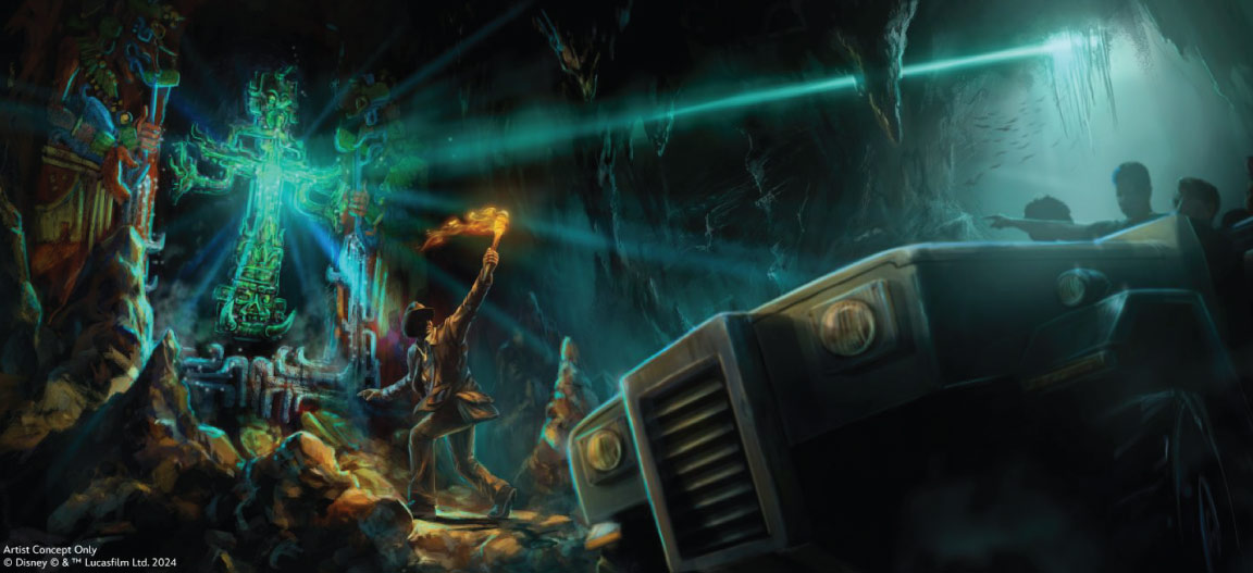 Artist Rendering of the new Walt Disney World Indiana Jones Ride with a glowing cross and a jeep