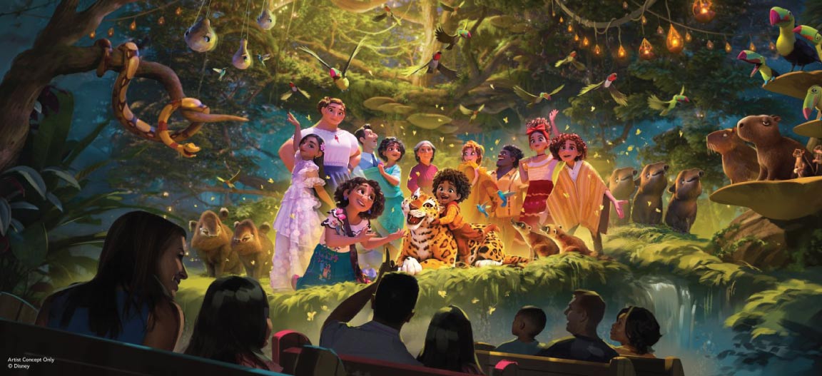 Artist concept of new Encanto ride at Disney World showing the Family Madrigal in a jungle