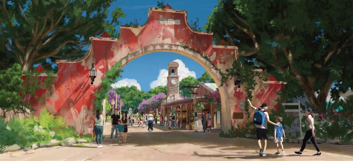 Artist Rendering of Tropical Americas at Disney World Entrance with a Mayan-style archway