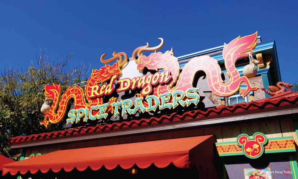 Sign of Red Dragon Spice Traders kiosk at Disneyland