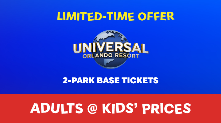 Universal Orlando 2-Park Base Tickets - <b><font color=red>Adults at Kids' Prices</font></b>