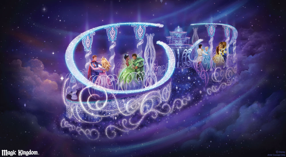 Artist rendering of DIsney Starlight parade featuring a float with princesses dancing