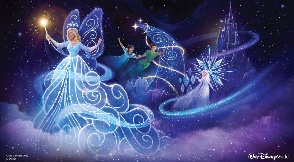 artist rendering of Disney Starlight Parade featuring Peter Pan, Elsa and the Blue Fairy