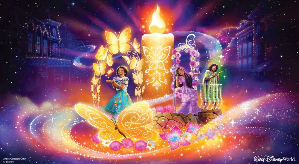 Artist rendering of Disney Starlight Parade featuring an Encanto float with Mirabel