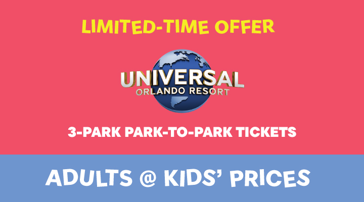 Universal Orlando 3-Park Park to Park Tickets - <b><font color=red>Adults at Kids' Prices</font></b>