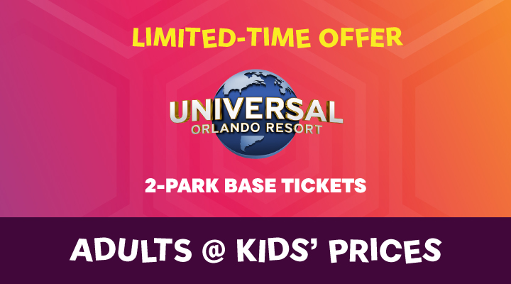 Universal Orlando 2-Park Base Tickets - <b><font color=red>Adults at Kids' Prices</font></b>