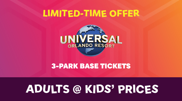 Universal Orlando 3-Park Base Tickets - <b><font color=red>Adults at Kids' Prices</font></b>