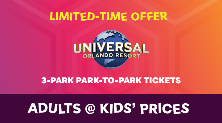 Universal Orlando 3-Park Park to Park Tickets - <b><font color=red>Adults at Kids' Prices</font></b>