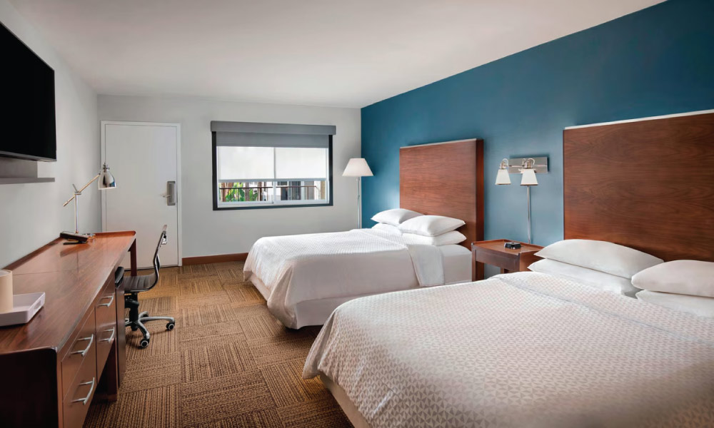 Hotel room with a blue wall and two beds with white bedding