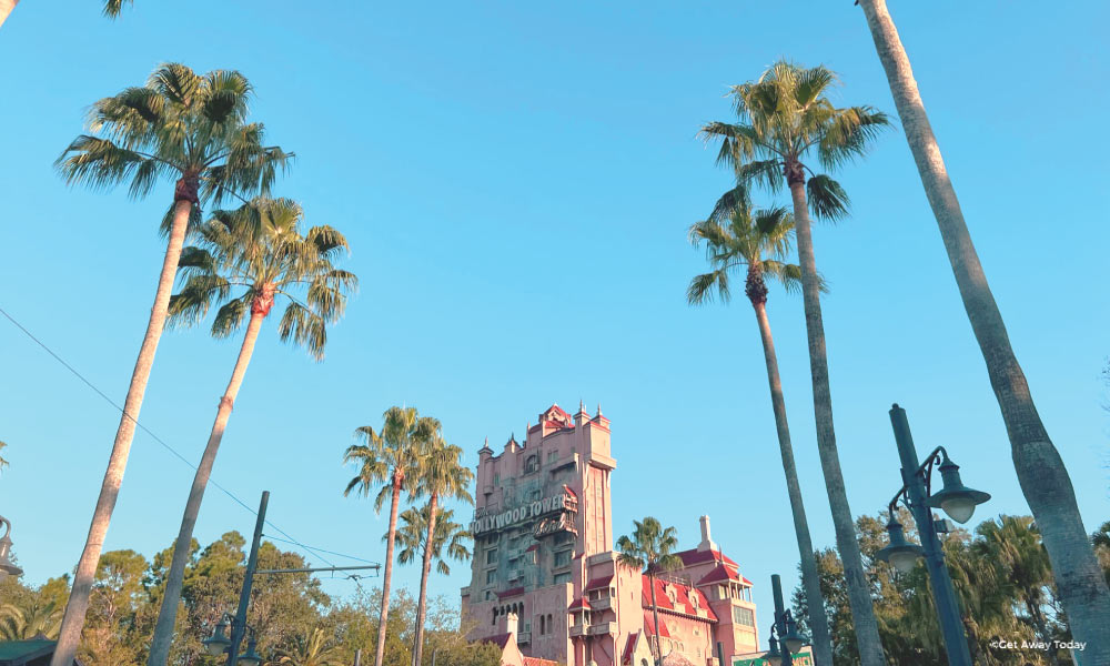 View of Hollywood Tower of Terror surrounded by Palm Trees at Hollywood Studios