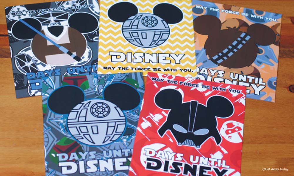 Five Star Wars themed countdown printables with different characters with mickey ears